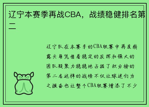 辽宁本赛季再战CBA，战绩稳健排名第二